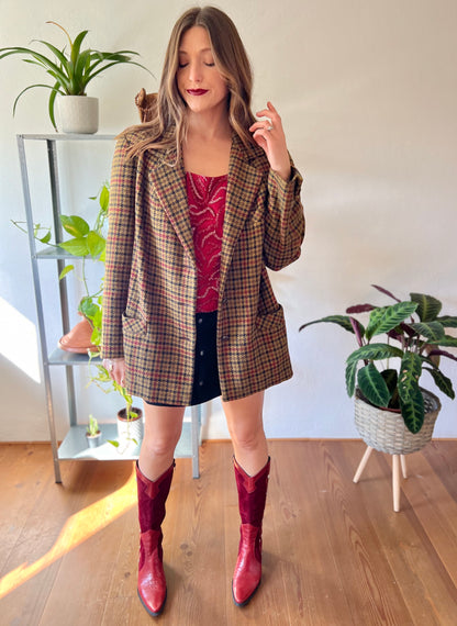 1970's vintage khaki, burgundy and black vintage houndstooth jacket