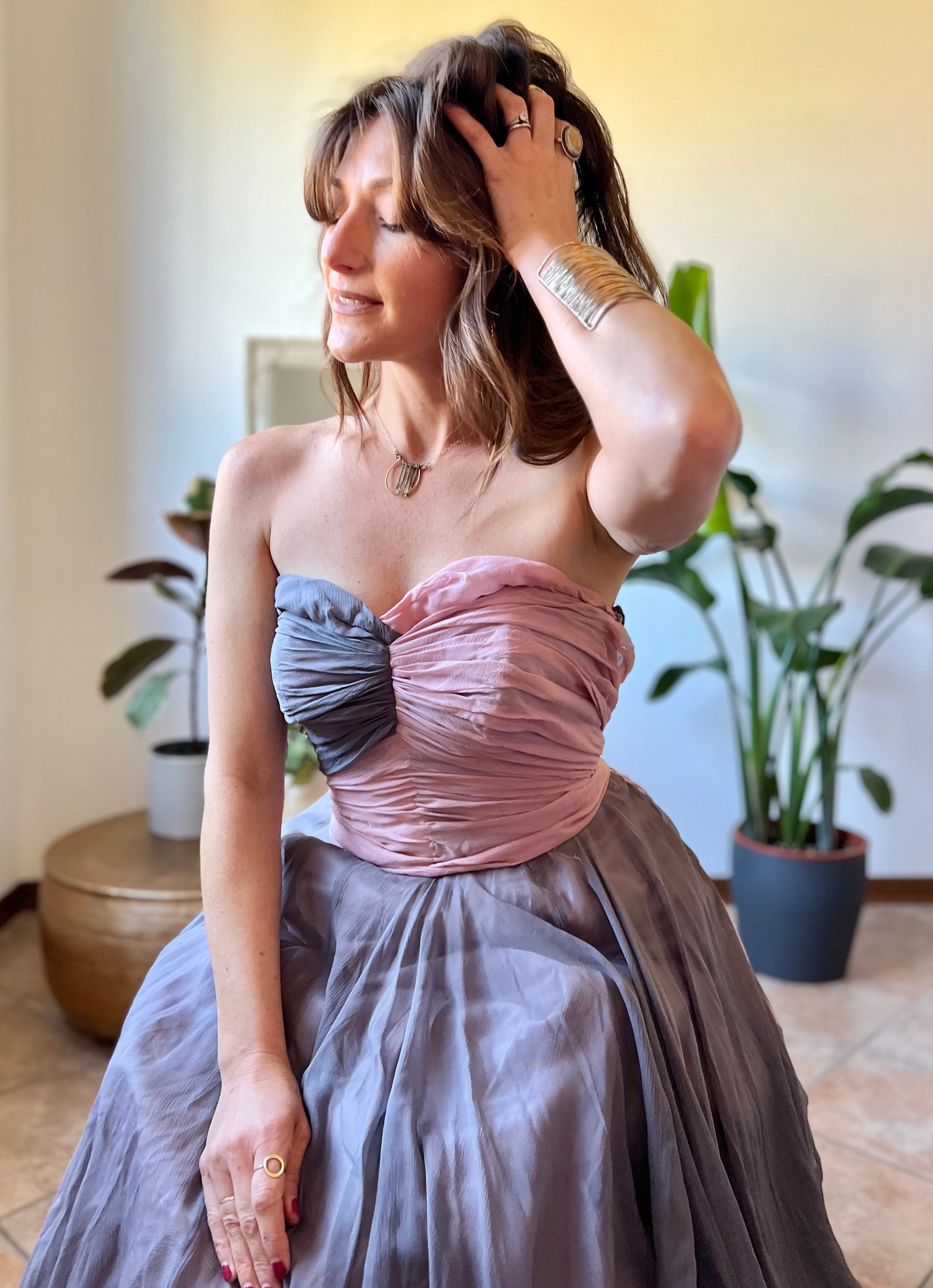 1950's vintage custom tailored powder pink and grey evening gown with matching scarf