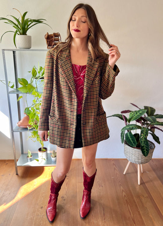 1970's vintage khaki, burgundy and black vintage houndstooth jacket