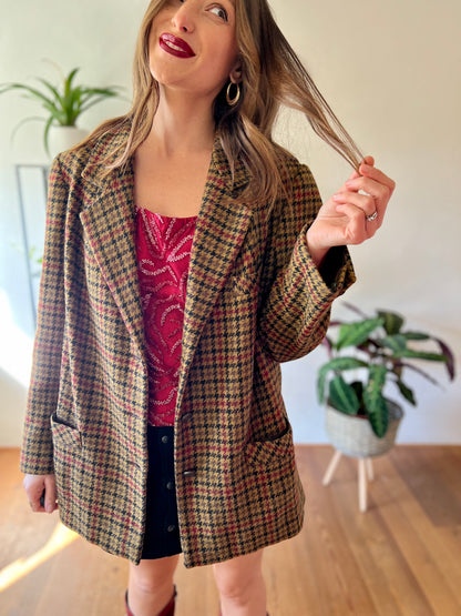 1970's vintage khaki, burgundy and black vintage houndstooth jacket