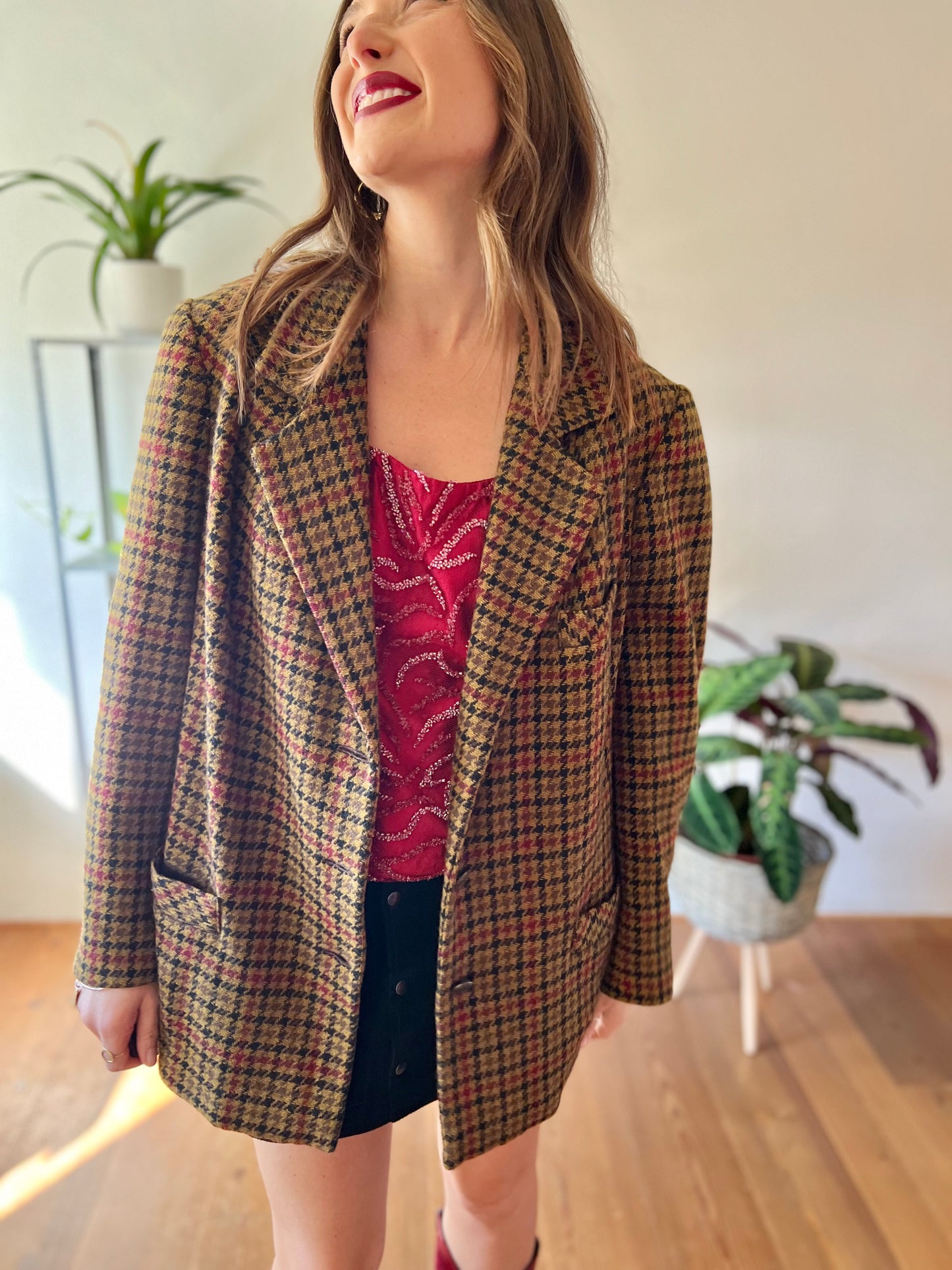 1970's vintage khaki, burgundy and black vintage houndstooth jacket