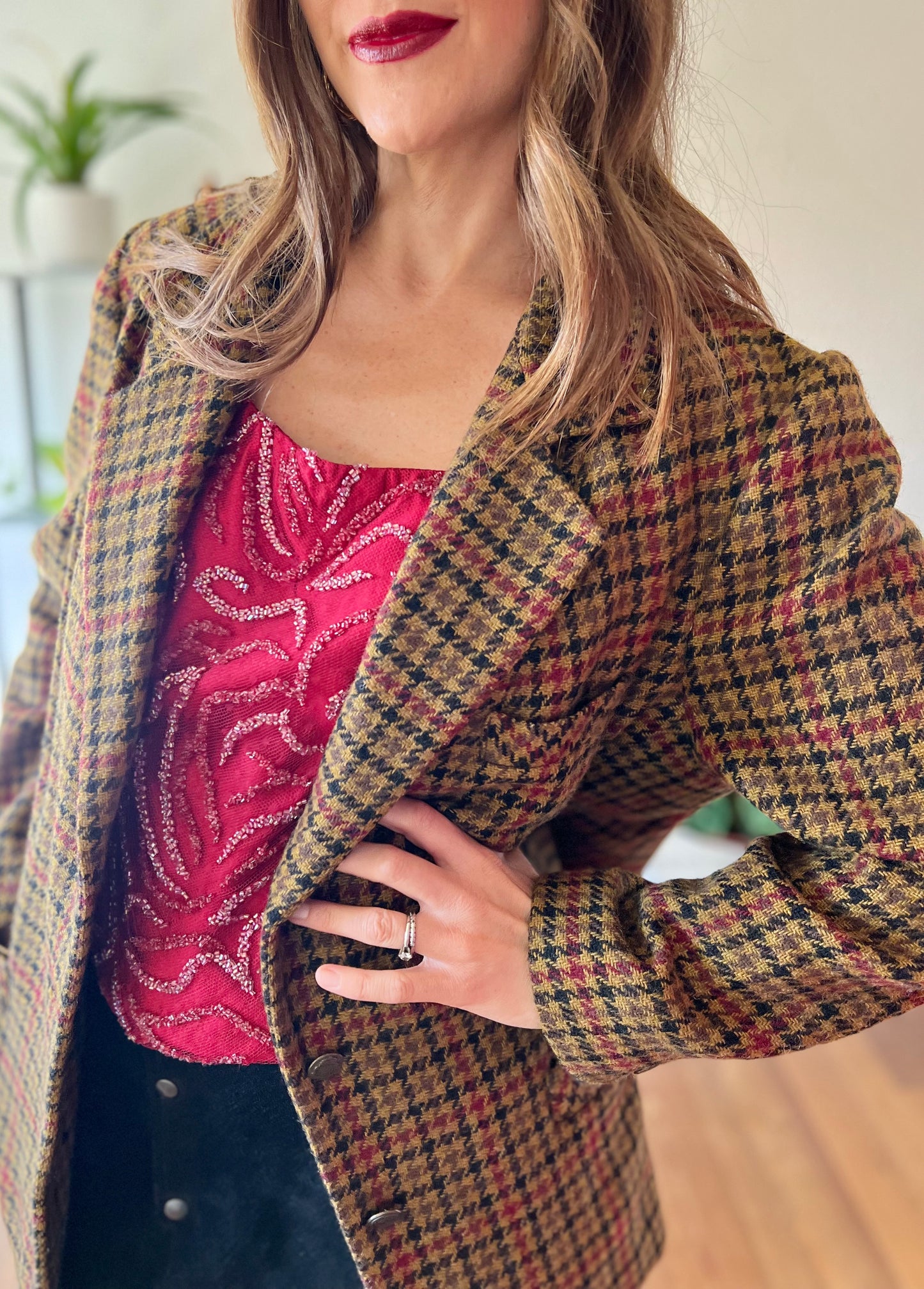 1970's vintage khaki, burgundy and black vintage houndstooth jacket