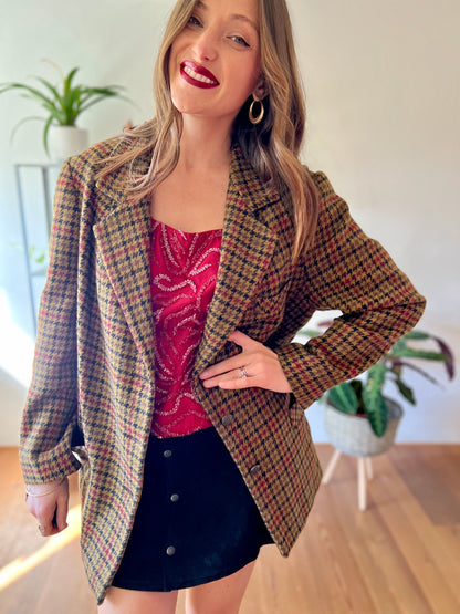 1970's vintage khaki, burgundy and black vintage houndstooth jacket