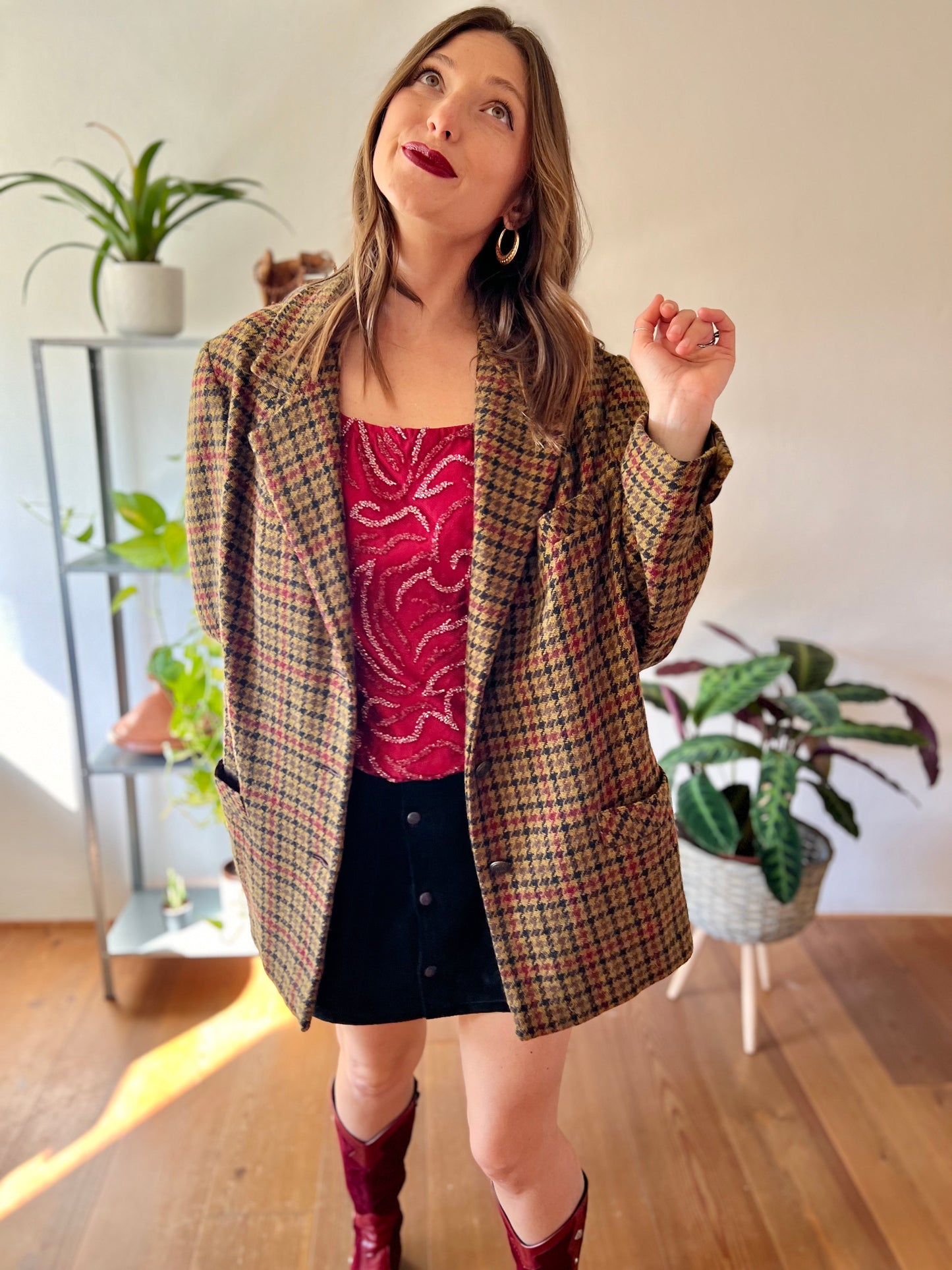 1970's vintage khaki, burgundy and black vintage houndstooth jacket