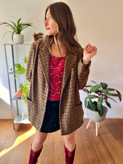 1970's vintage khaki, burgundy and black vintage houndstooth jacket