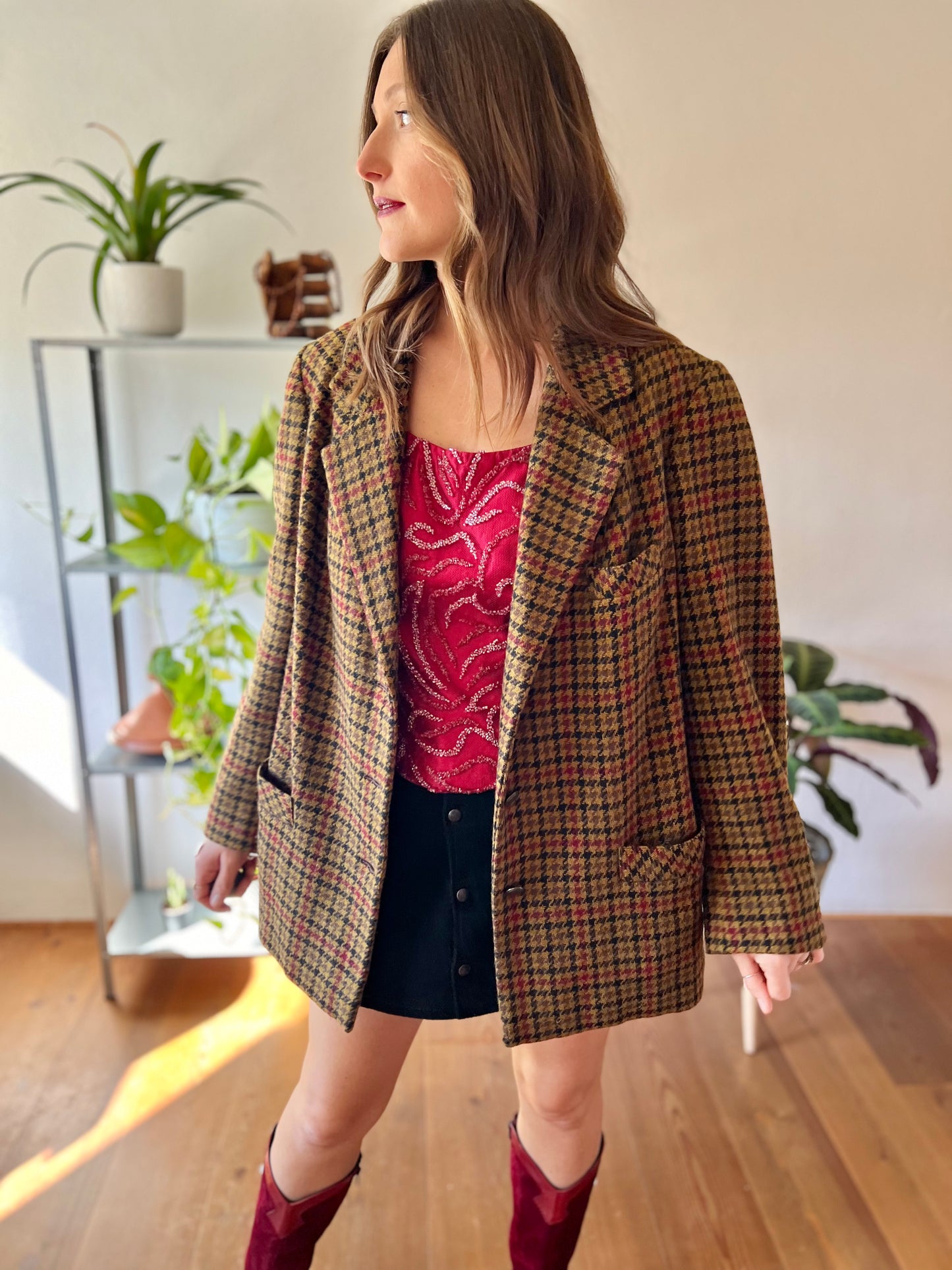 1970's vintage khaki, burgundy and black vintage houndstooth jacket