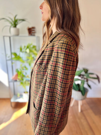 1970's vintage khaki, burgundy and black vintage houndstooth jacket