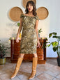 1980's vintage satin tan, green and grey floral midi dress