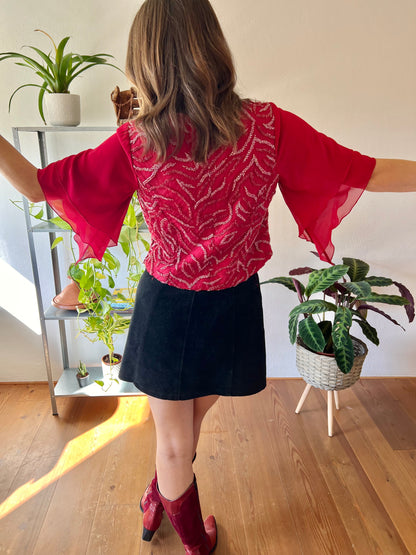 1970's vintage burgundy silk blouse with glass beading