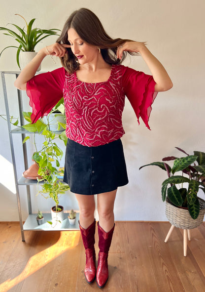 1970's vintage burgundy silk blouse with glass beading