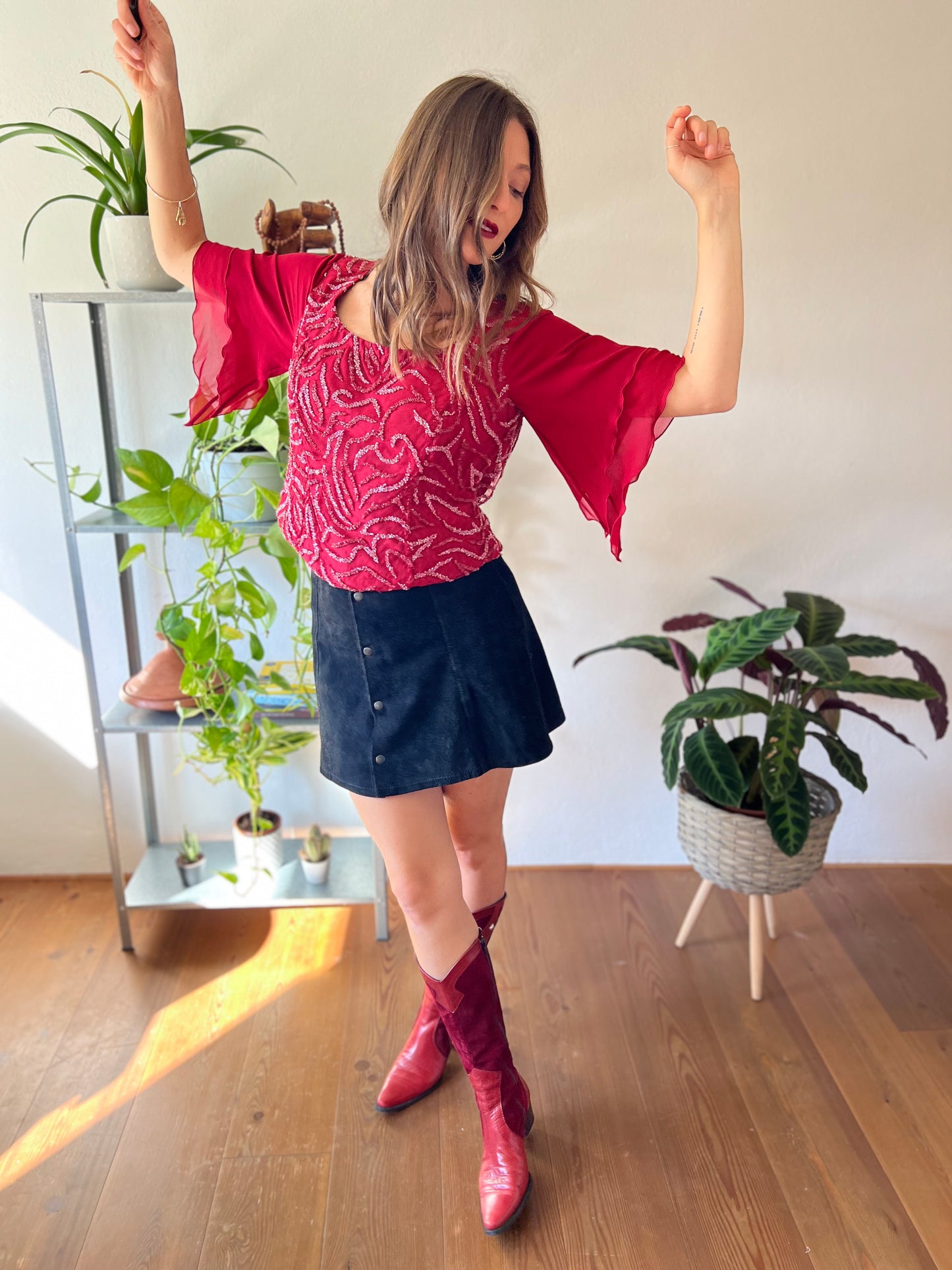 1970's vintage burgundy silk blouse with glass beading