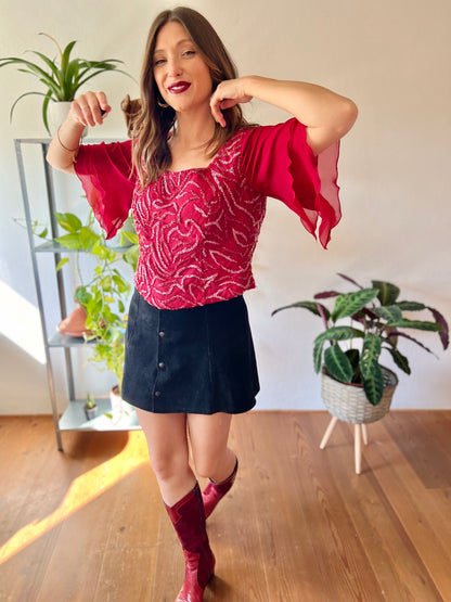 1970's vintage burgundy silk blouse with glass beading