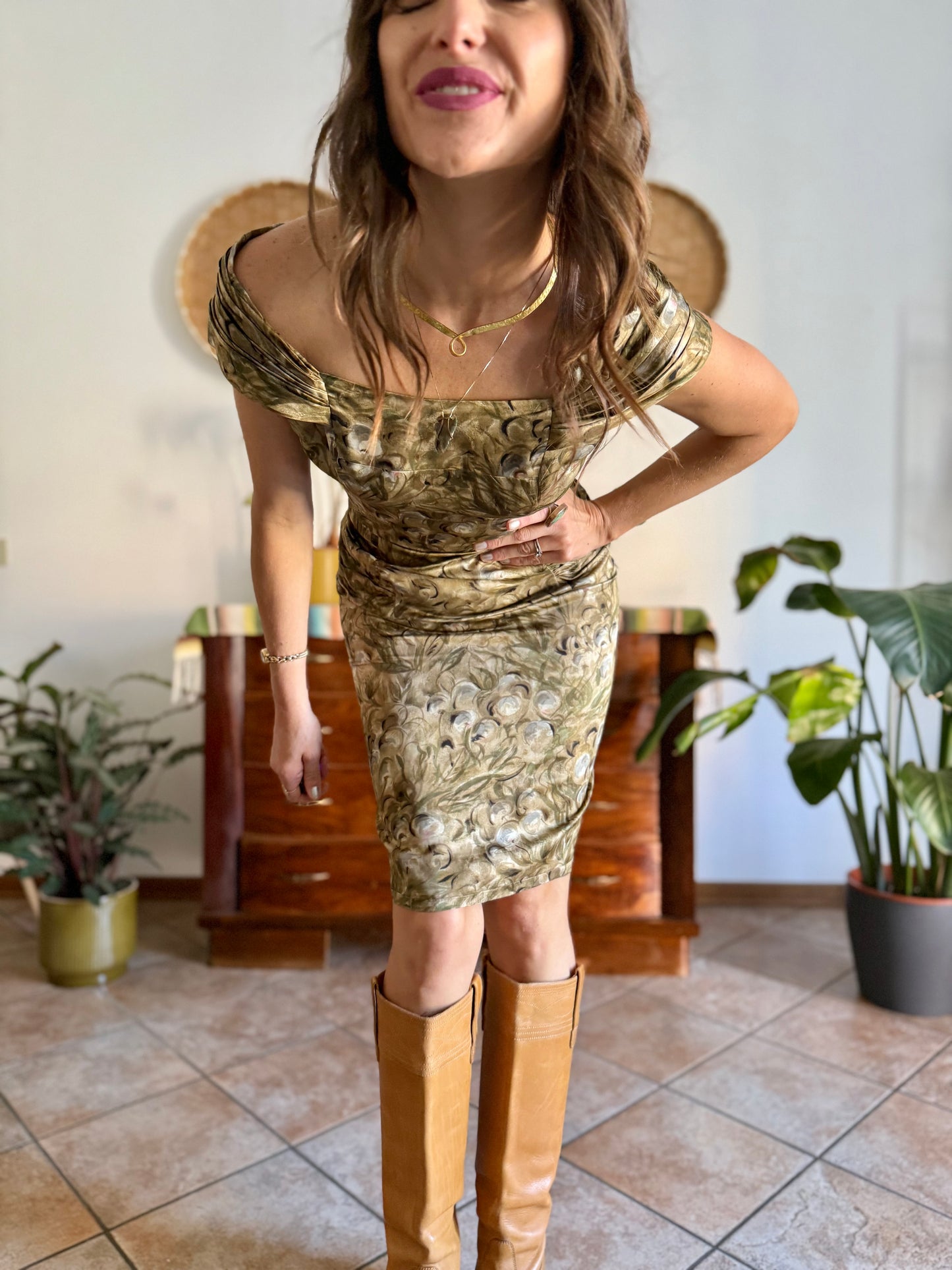 1980's vintage satin tan, green and grey floral midi dress