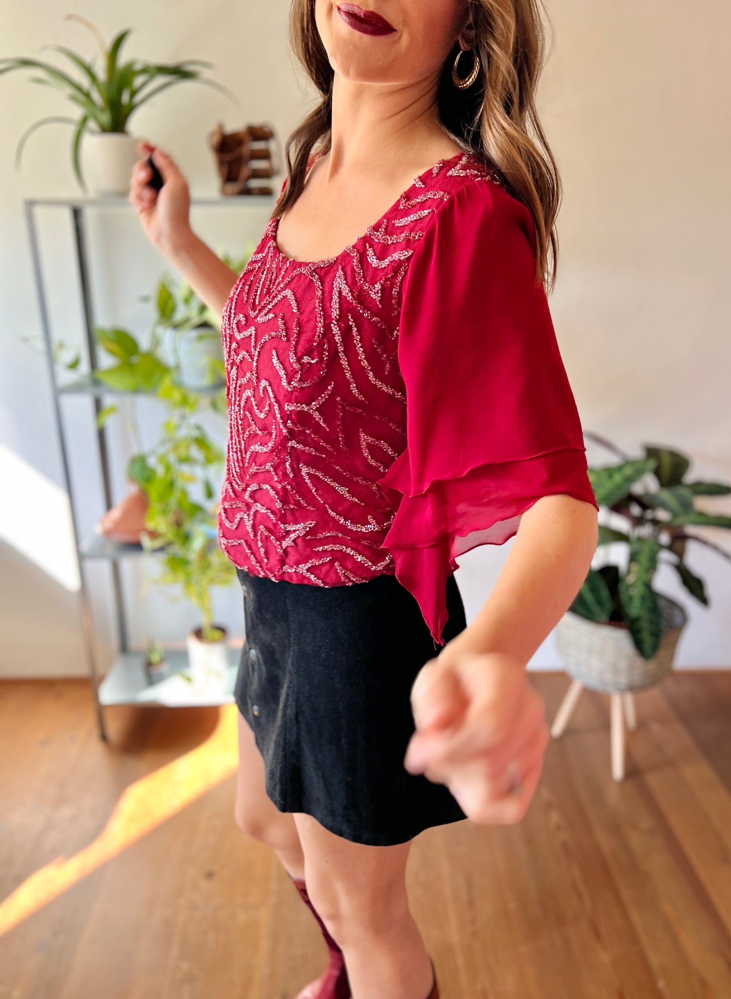 1970's vintage burgundy silk blouse with glass beading