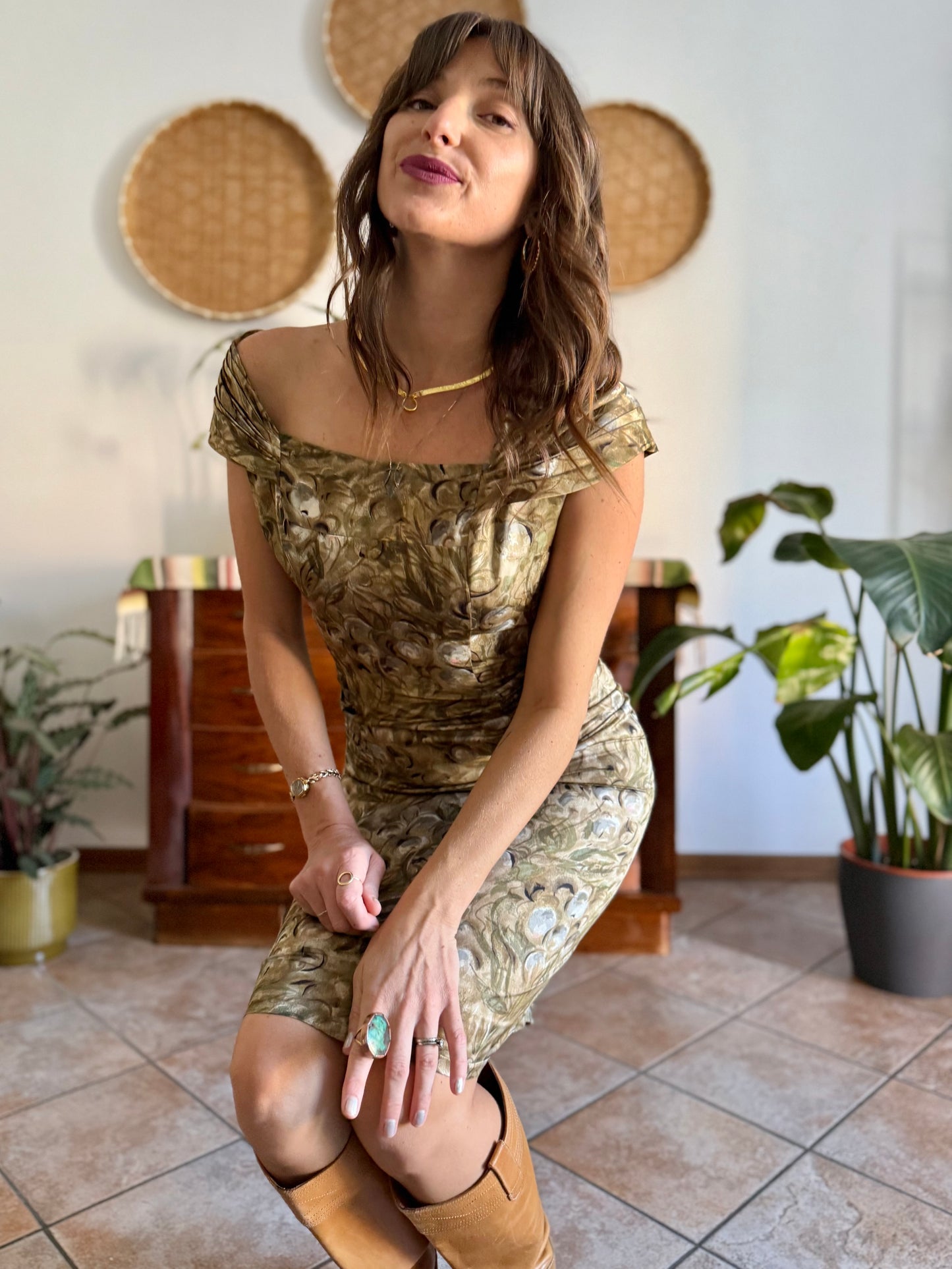 1980's vintage satin tan, green and grey floral midi dress