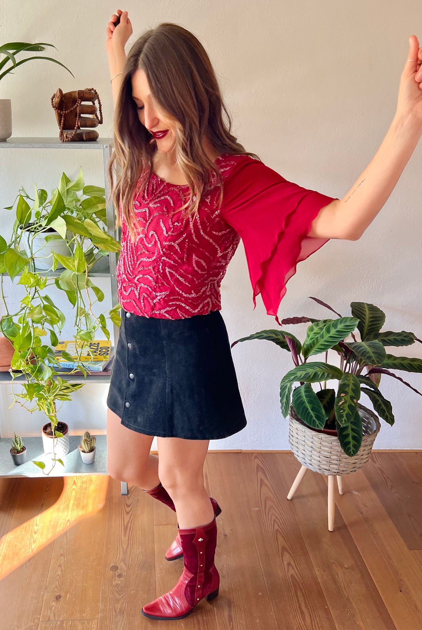 1970's vintage burgundy silk blouse with glass beading