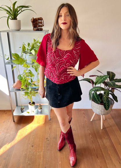 1970's vintage burgundy silk blouse with glass beading