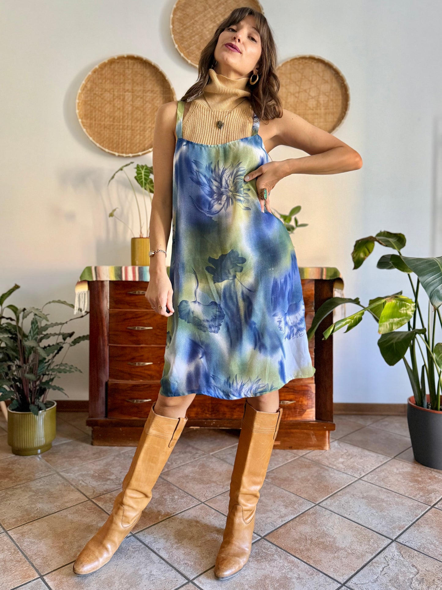 1970's vintage sem sheer blue and green floral print midi dress