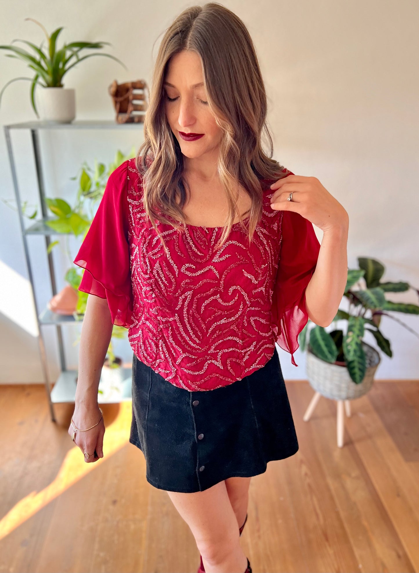 1970's vintage burgundy silk blouse with glass beading