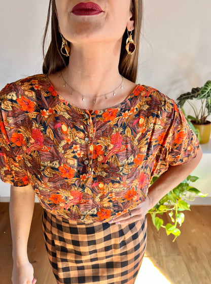 1980's vintage tropical flower and toucan print oversize blouse