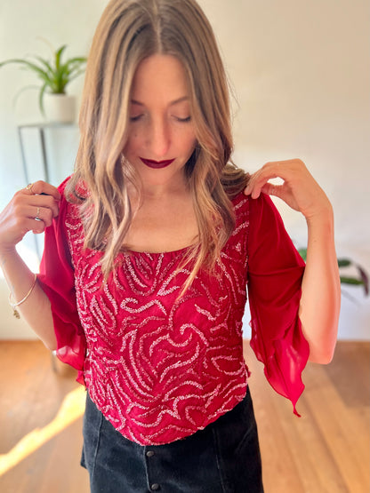 1970's vintage burgundy silk blouse with glass beading