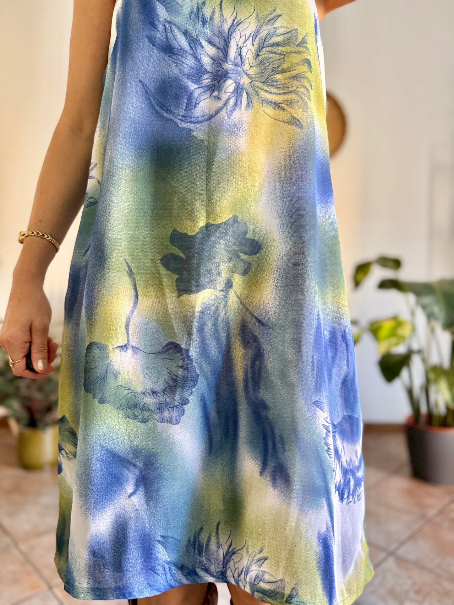 1970's vintage sem sheer blue and green floral print midi dress
