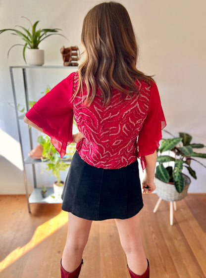 1970's vintage burgundy silk blouse with glass beading