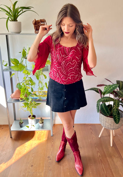 1970's vintage burgundy silk blouse with glass beading