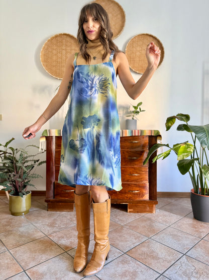 1970's vintage sem sheer blue and green floral print midi dress