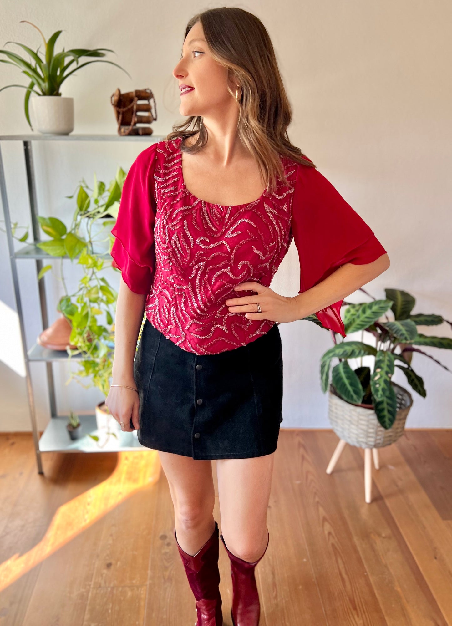 1970's vintage burgundy silk blouse with glass beading