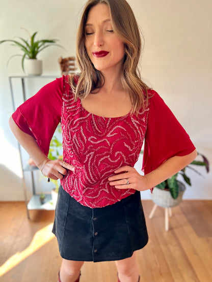 1970's vintage burgundy silk blouse with glass beading