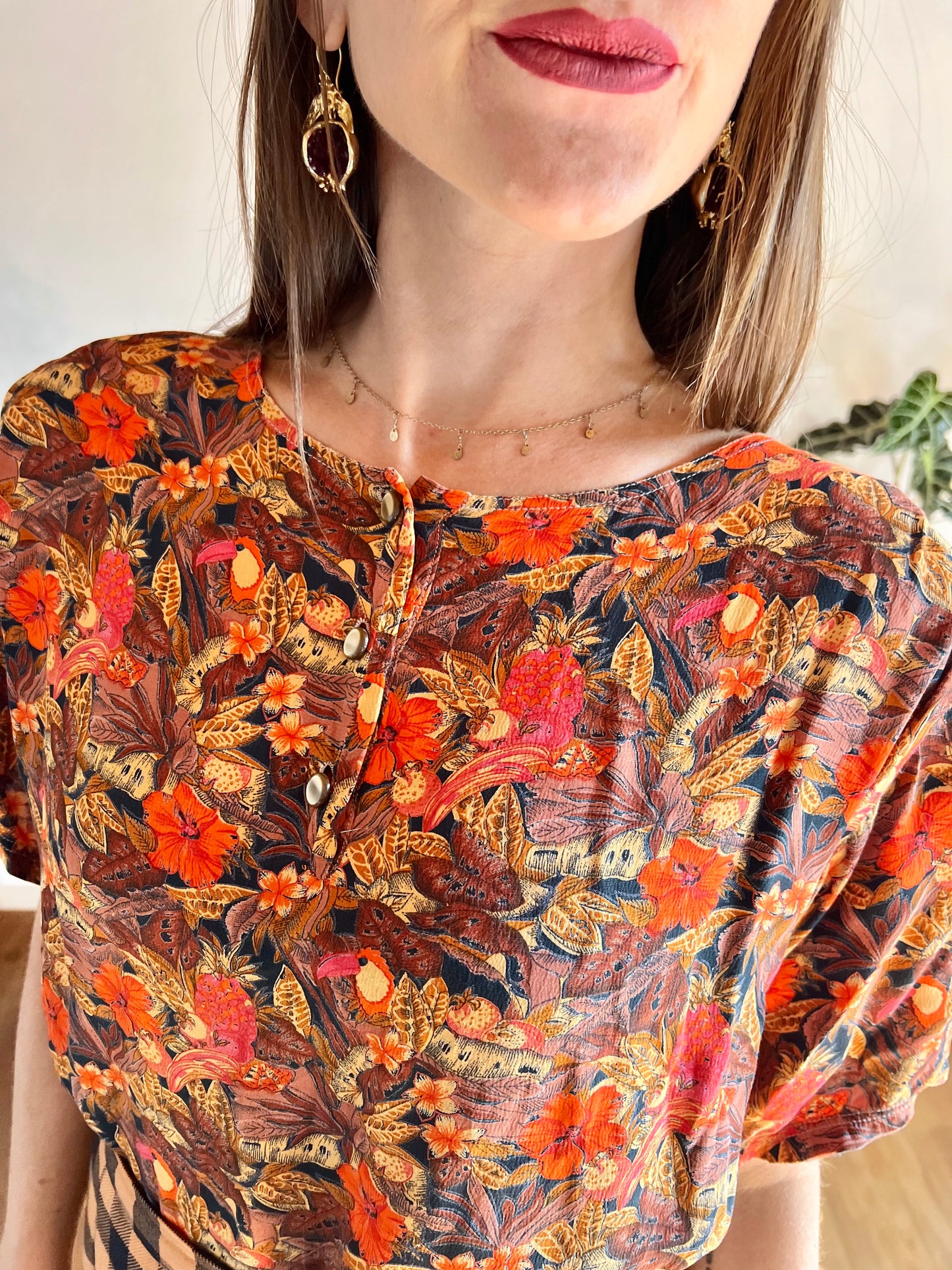 1980's vintage tropical flower and toucan print oversize blouse