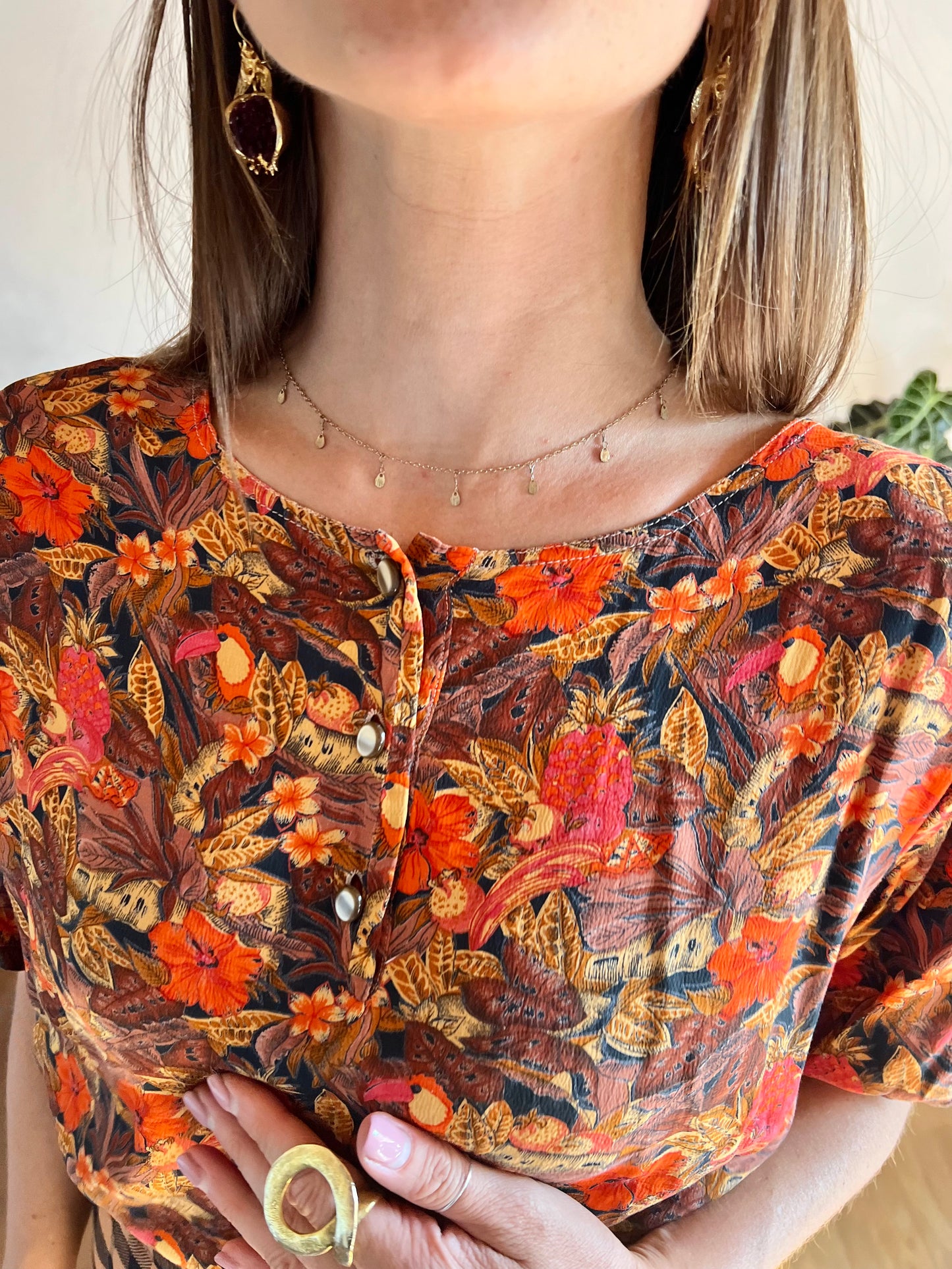 1980's vintage tropical flower and toucan print oversize blouse