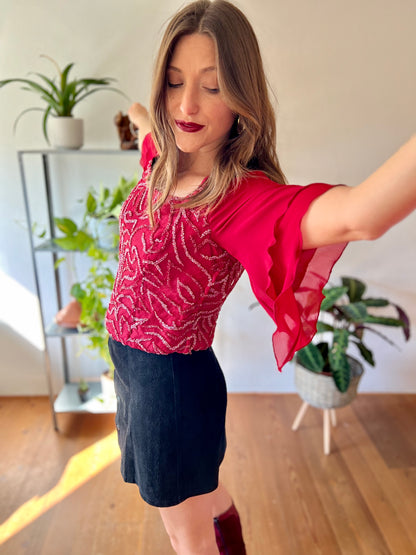 1970's vintage burgundy silk blouse with glass beading