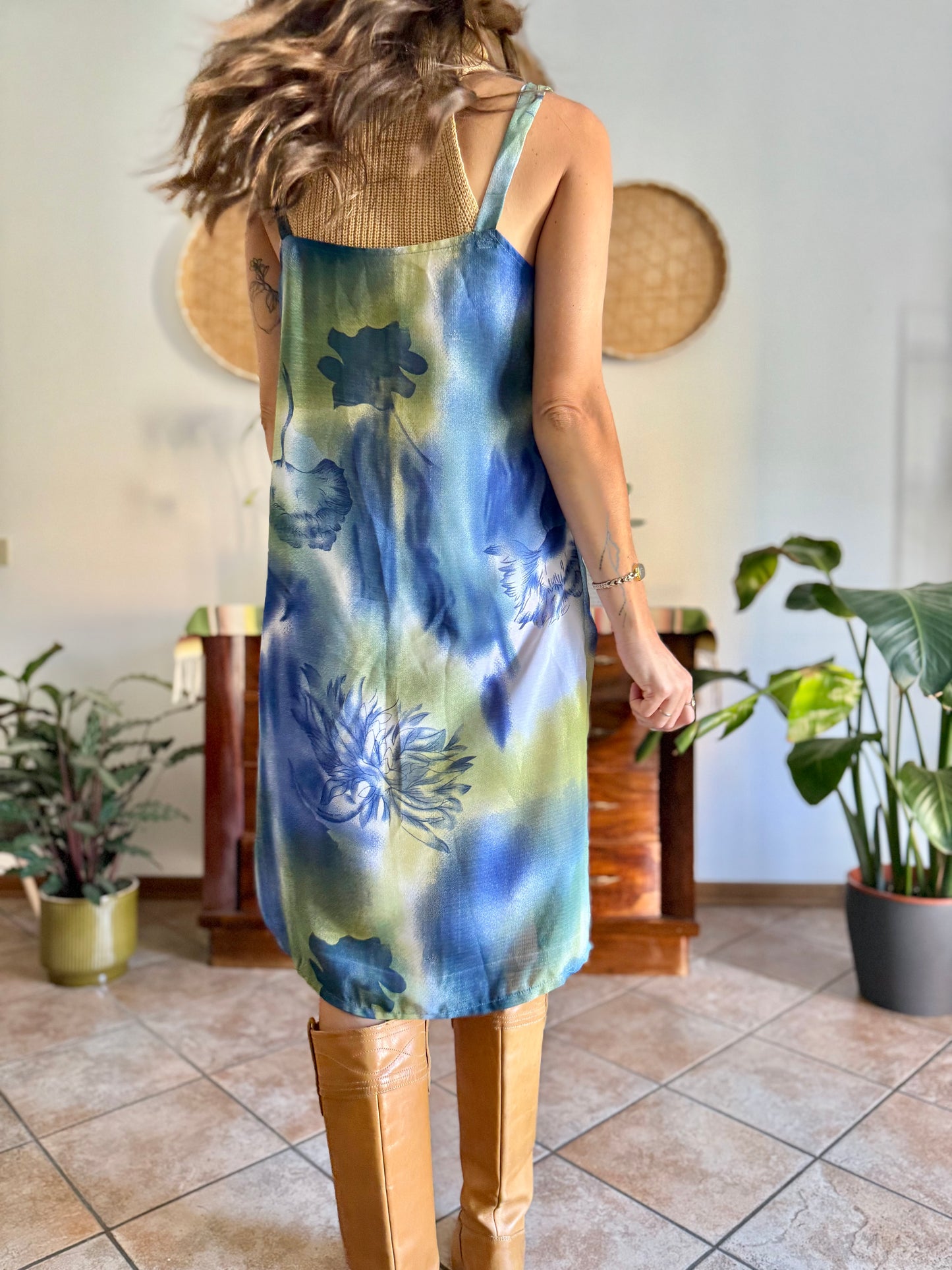 1970's vintage sem sheer blue and green floral print midi dress