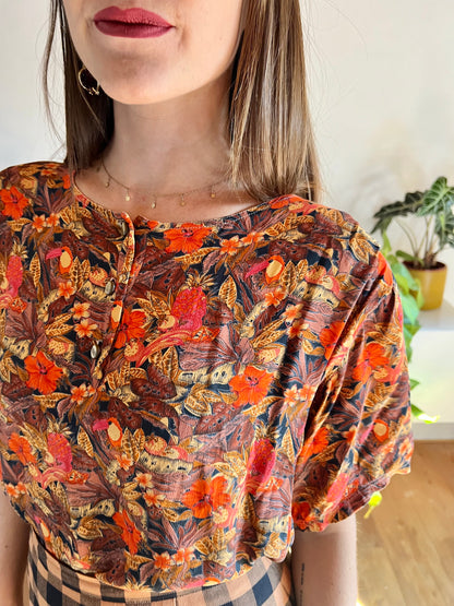 1980's vintage tropical flower and toucan print oversize blouse