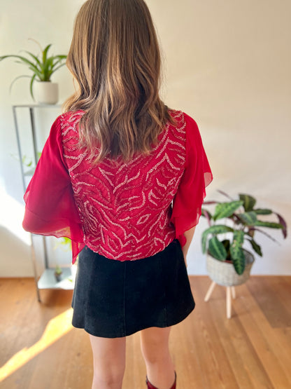 1970's vintage burgundy silk blouse with glass beading