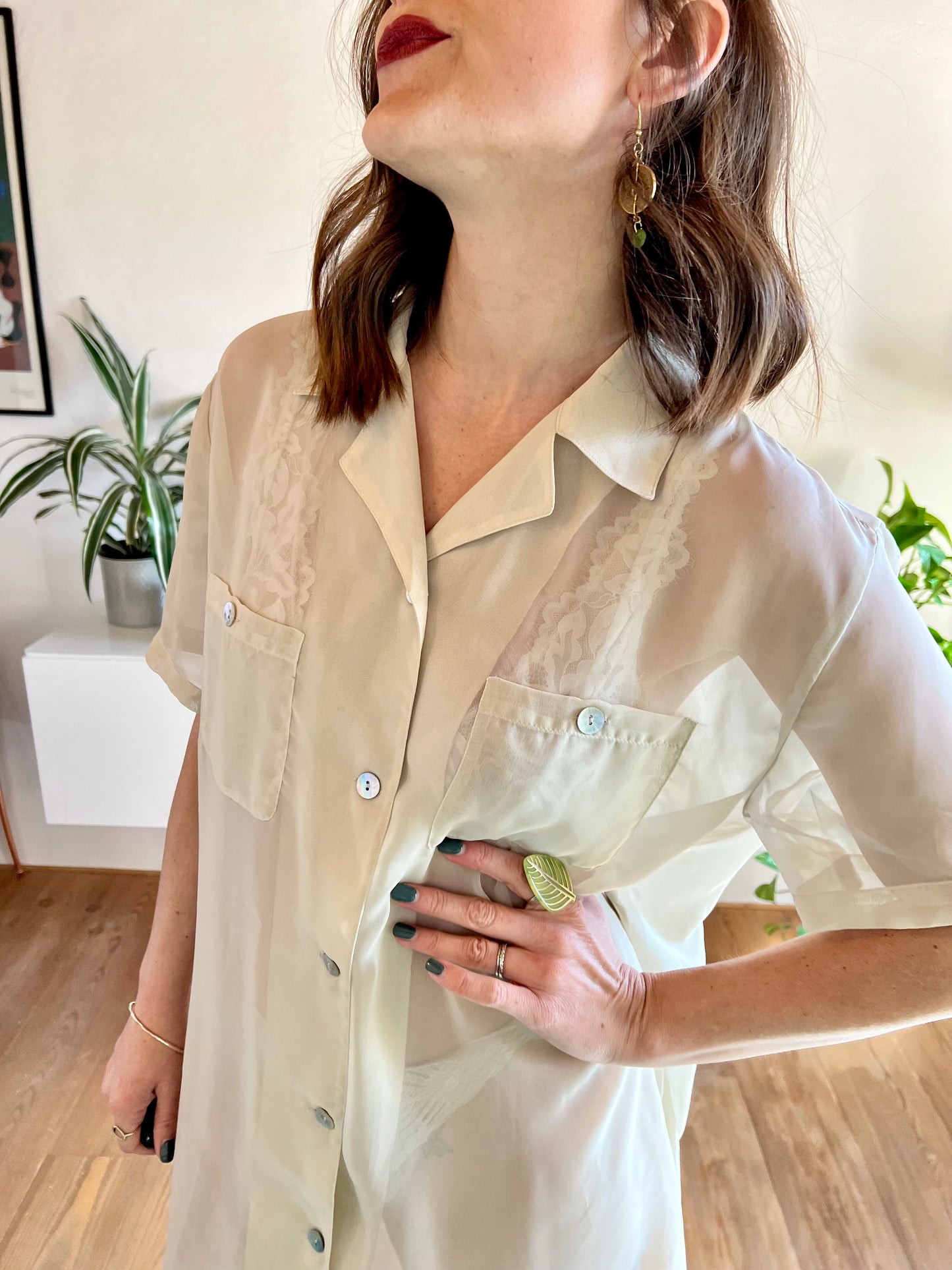 1980's vintage oversize light grey sheer short sleeve blouse