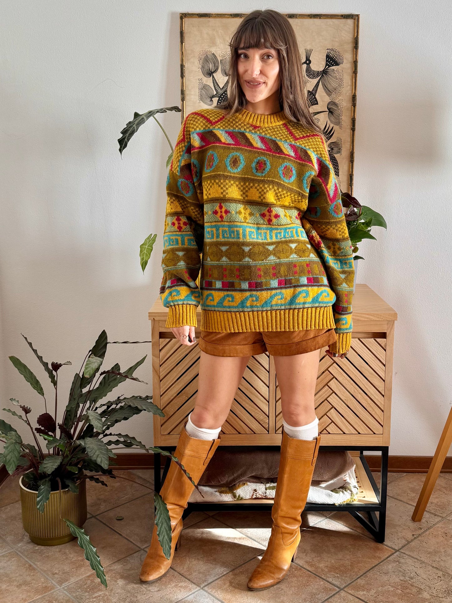 1980's vintage mustard, khaki and fuchsia geometric knit Stefanel pullover