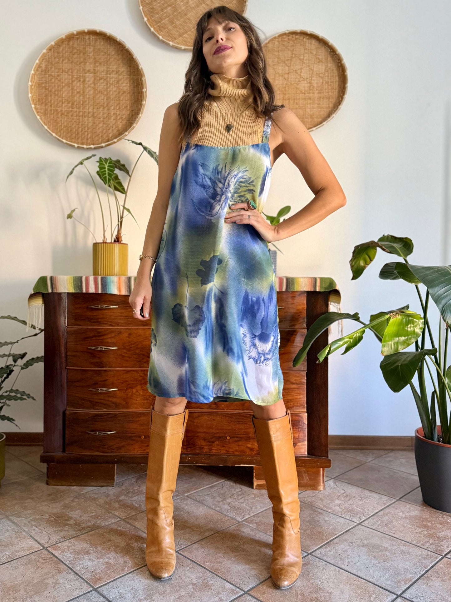 1970's vintage sem sheer blue and green floral print midi dress