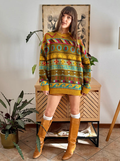 1980's vintage mustard, khaki and fuchsia geometric knit Stefanel pullover