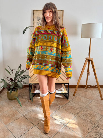 1980's vintage mustard, khaki and fuchsia geometric knit Stefanel pullover
