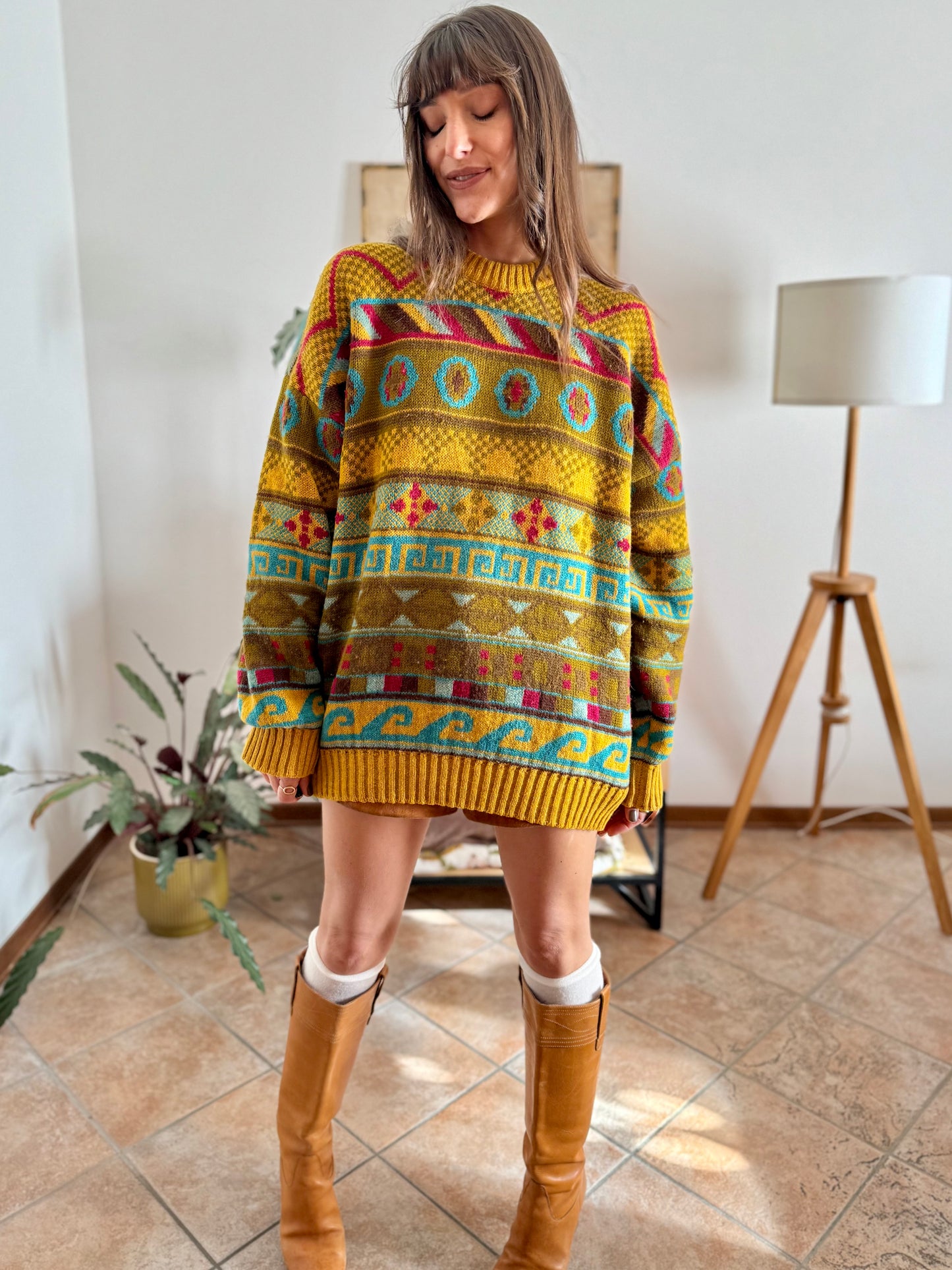 1980's vintage mustard, khaki and fuchsia geometric knit Stefanel pullover