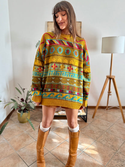 1980's vintage mustard, khaki and fuchsia geometric knit Stefanel pullover