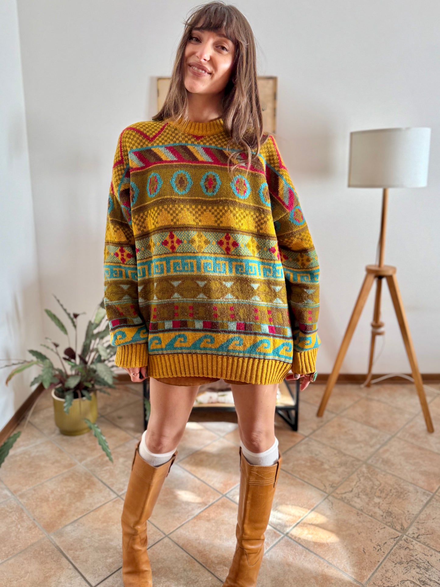 1980's vintage mustard, khaki and fuchsia geometric knit Stefanel pullover