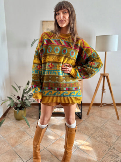 1980's vintage mustard, khaki and fuchsia geometric knit Stefanel pullover
