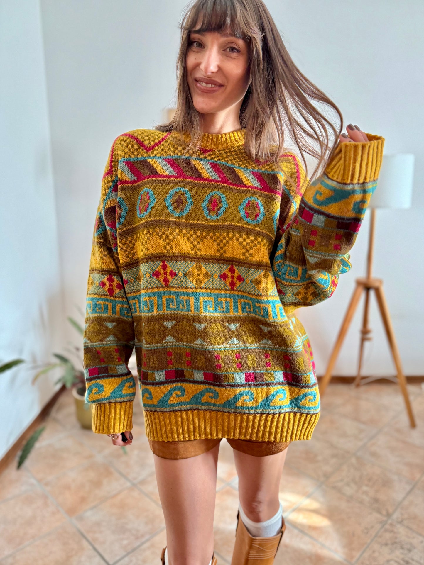 1980's vintage mustard, khaki and fuchsia geometric knit Stefanel pullover