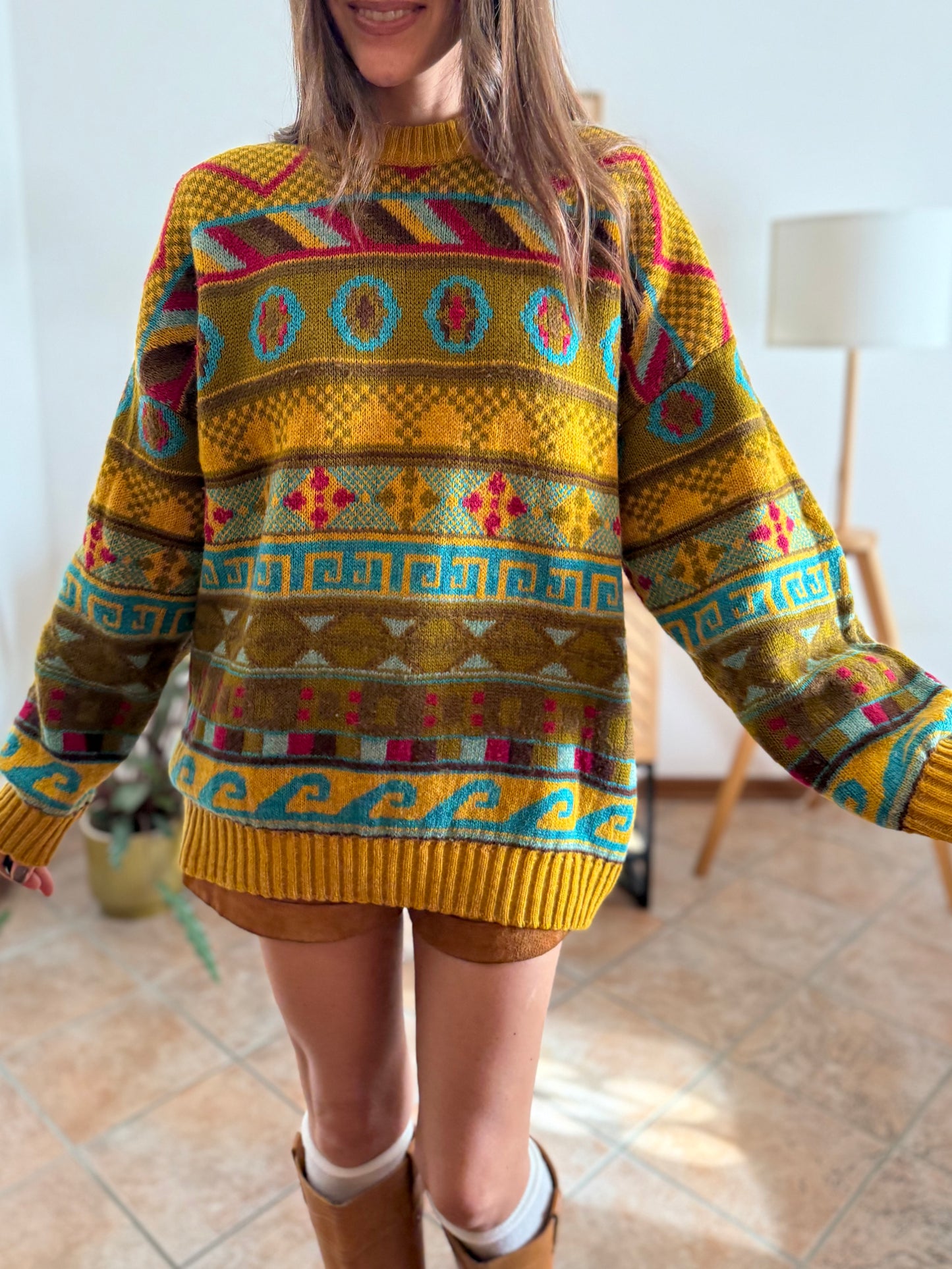 1980's vintage mustard, khaki and fuchsia geometric knit Stefanel pullover