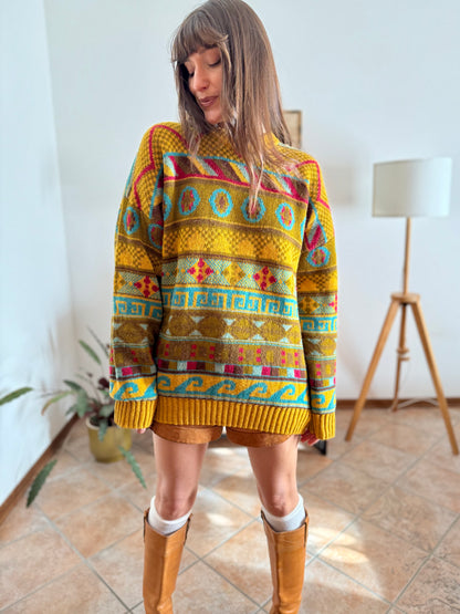 1980's vintage mustard, khaki and fuchsia geometric knit Stefanel pullover