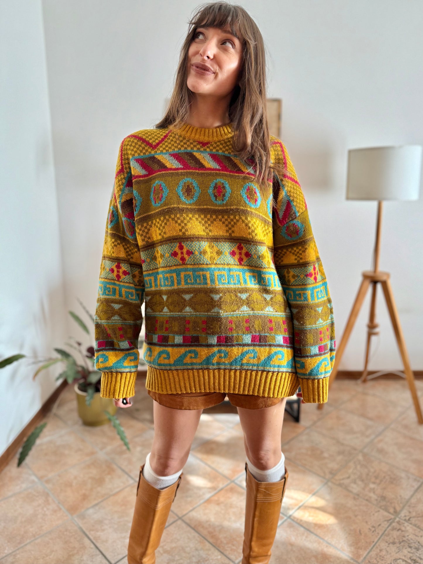 1980's vintage mustard, khaki and fuchsia geometric knit Stefanel pullover